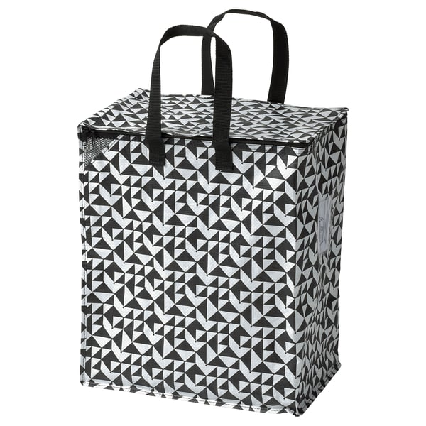 KNALLA black bag with white patterns, sturdy handles, zip-top closure.