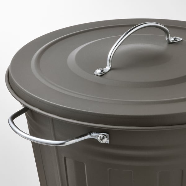 Grey garbage bin with sturdy handles and secure lid hook for easy use.