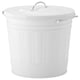 A white, round KNODD bin with a lid and handles, made of steel and plastic, suitable for storage or waste.