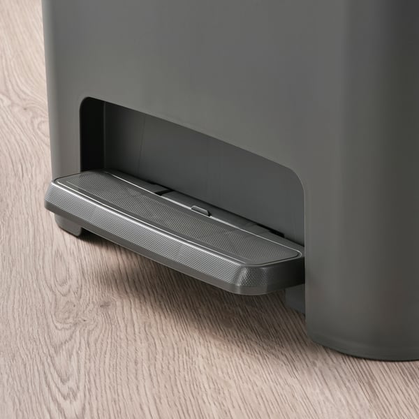 Grey kitchen pedal bin with soft-close lid and easy-clean corners.