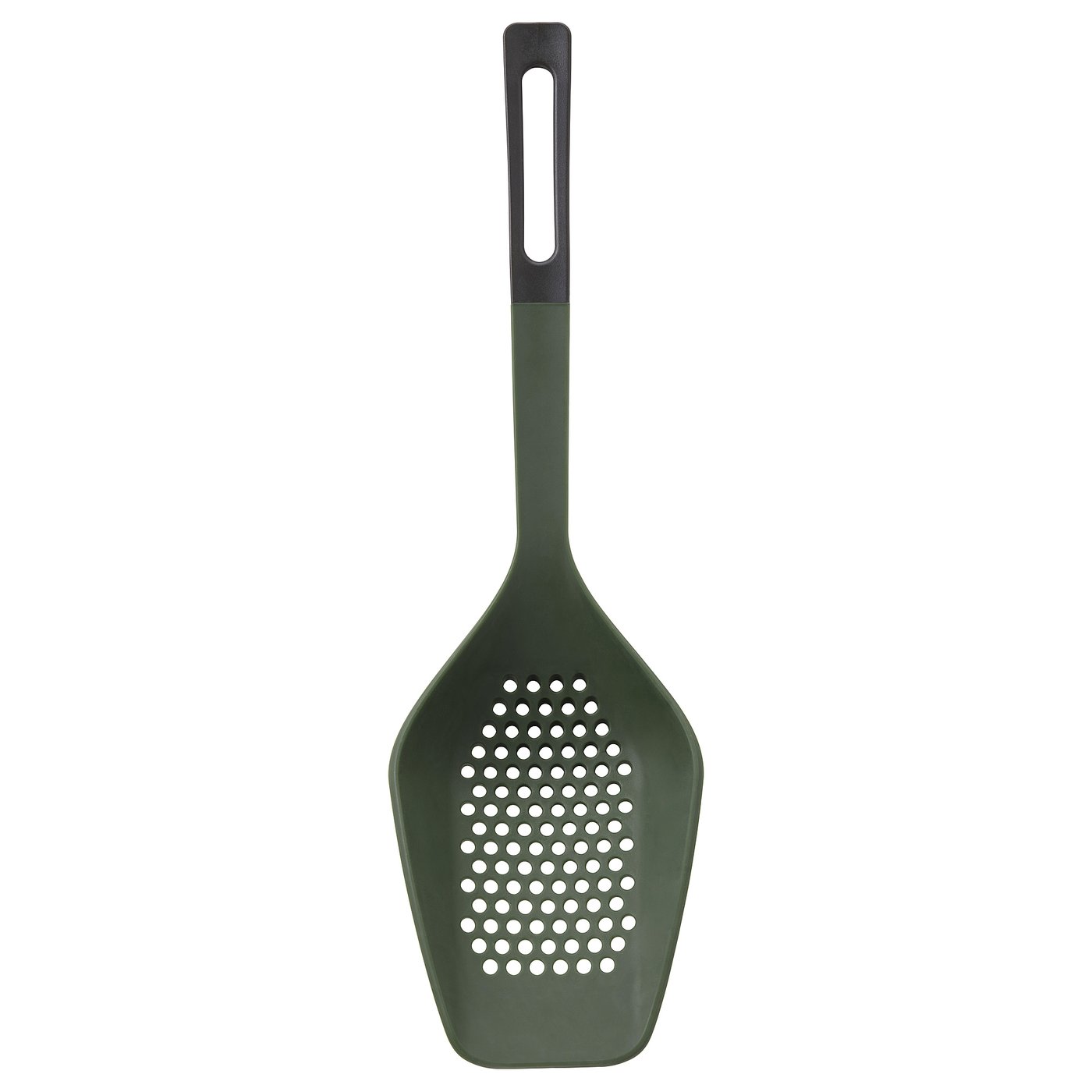 Green silicone slotted spatula; ergonomic handle, holes for draining.