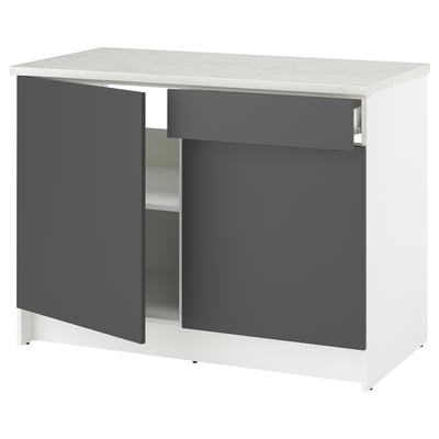 Modern kitchen unit. White marble top, dark grey doors. One shelf inside, comes flat-packed.