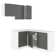 Modern l-shaped kitchen with grey and white color scheme; includes wall and base cabinets, drawers, and adjustable shelves.