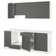 Modern gray & white kitchen cabinets with drawers, doors, shelves.