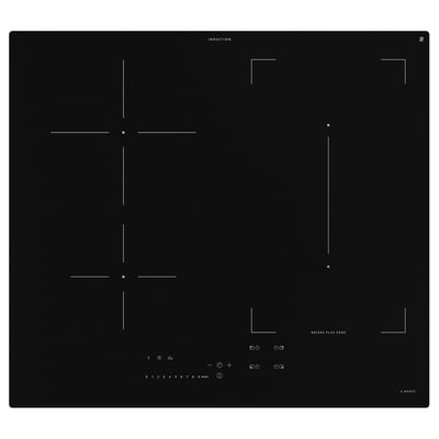 Black induction cooktop with five heating zones, touch controls, and bridge function.