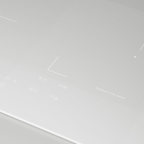 Minimalist induction cooktop control panel with power boost, timer, and bridge plus zone. Clean and sleek design.
