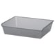 Depicts a grey mesh storage basket, rectangular in shape, made of steel with a powder-coated finish. Ideal for organising clothes and accessories.