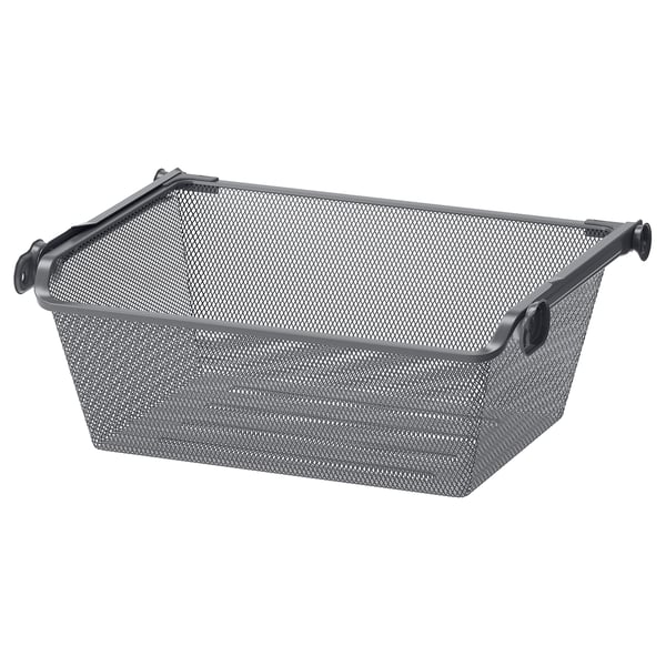 An empty grey metal mesh storage basket with handles. Its rectangular and designed for organising clothes or accessories.