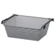 An empty grey metal mesh storage basket with handles. Its rectangular and designed for organising clothes or accessories.