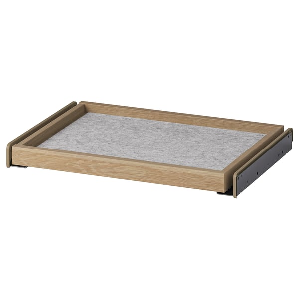 Light wood pull-out tray with gray felt mat, sleek & simple, 150 characters.