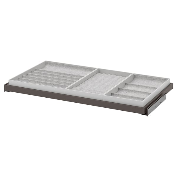 KOMPLEMENT tray: grey, rectangular, sliding compartments, felt-lined, for accessories and jewellery storage.
