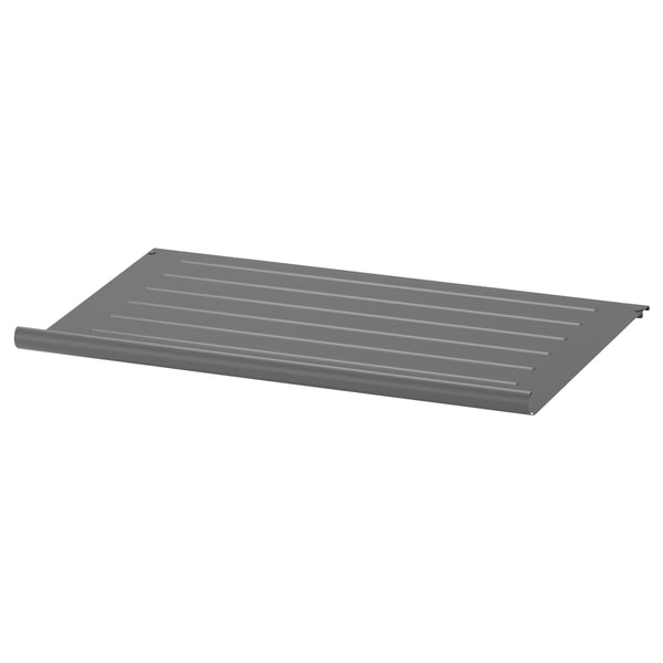 Grey steel KOMPLEMENT shelf with horizontal grooves, flat design.