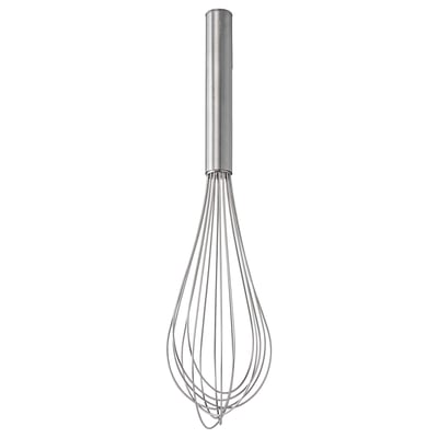 A KONCIS whisk, silver in colour, made of stainless steel. It has a round handle and several wire loops for mixing.
