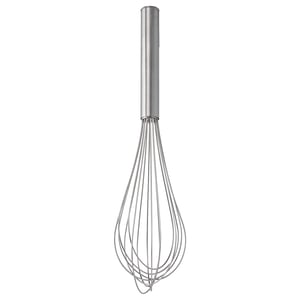 A KONCIS whisk, silver in colour, made of stainless steel. It has a round handle and several wire loops for mixing.