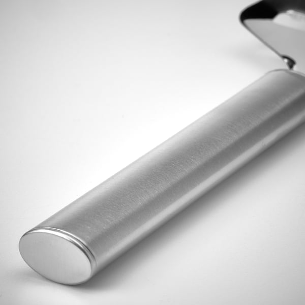 Stainless steel cheese slicer with smooth handle, sharp edge, designed for durable, easy use.