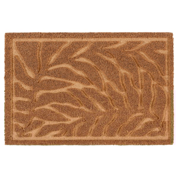 The KONTANTER doormat is natural brown, rectangular, with a 3d leaf pattern on coir fibre.