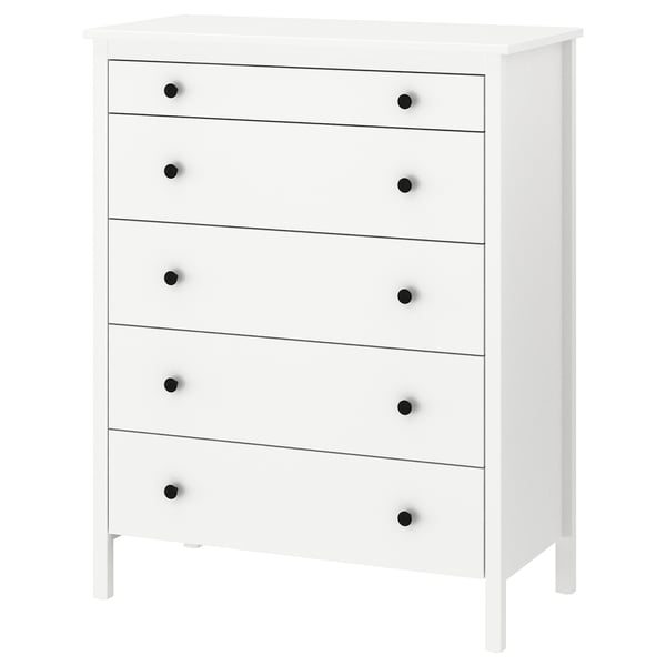 A white KOPPANG chest of drawers with five drawers and black knobs, made of particleboard and acrylic paint, designed for bedroom storage.
