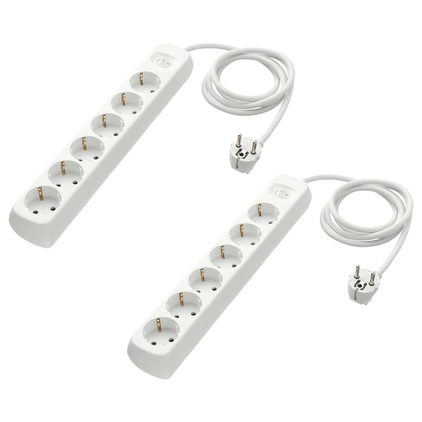 Two white KOPPLA power strips with 6 sockets each, cable wrapped, plastic material.