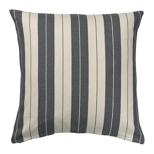 KORALLBUSKE square cushion cover, beige & anthracite stripes. Recycled cotton, jute & viscose; zip closure.