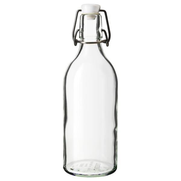 KORKEN glass bottle, clear with white lid, stainless steel wire closure, cylindrical shape, airtight seal.