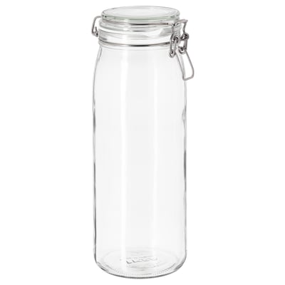 A clear glass jar named KORKEN with a silver clasp and rubber seal, designed for storing food or drinks.