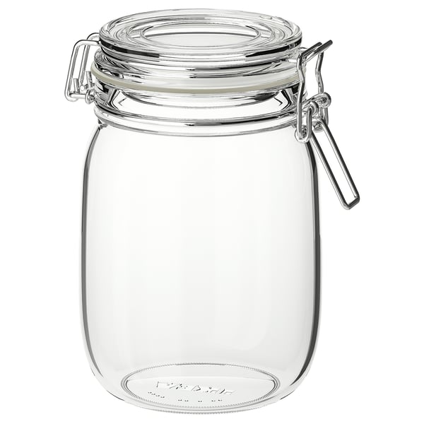 KORKEN clear glass jar with metal clasp and seal.
