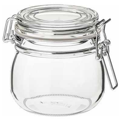 KORKEN clear glass jar with airtight seal, stainless steel handle, round shape, ideal for storage and serving.