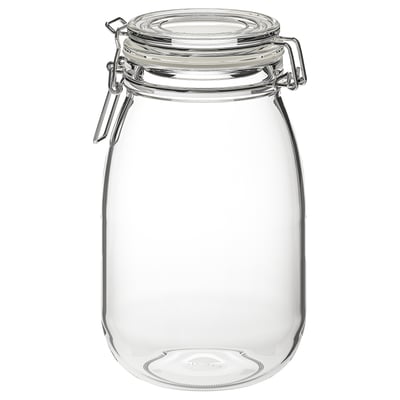 Clear glass jar with metal clamp lid and rubber seal, round body and transparent design.