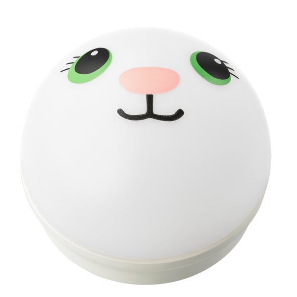Adorable white round night light with green eyes, black nose, and mouth. Made of abs plastic, it glows softly for kids.