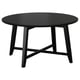 Black KRAGSTA round coffee table, acrylic paint finish, smooth edges, four angled legs.