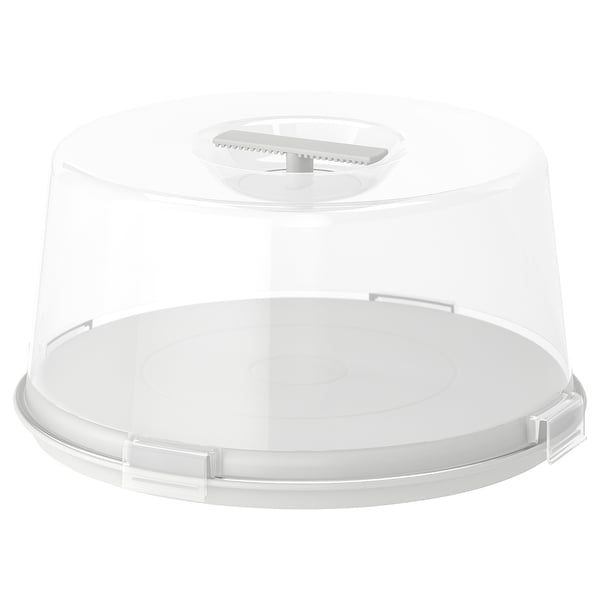 KRISPIG clear plastic cake carrier with lid, smooth & grooved tray, four latches, for transporting cakes and muffins.