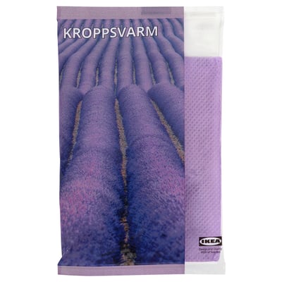 IKEAs kropprvarm lavender-scented bag, purple, rectangular, polypropylene, with dried lavender leaves.