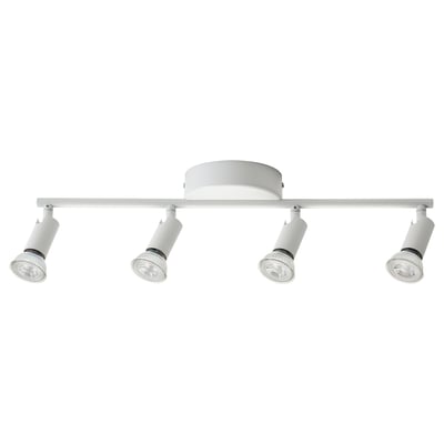 A KRUSNATE white ceiling track light with four adjustable spotlights. Modern and minimalist design, ideal for directing light where needed.