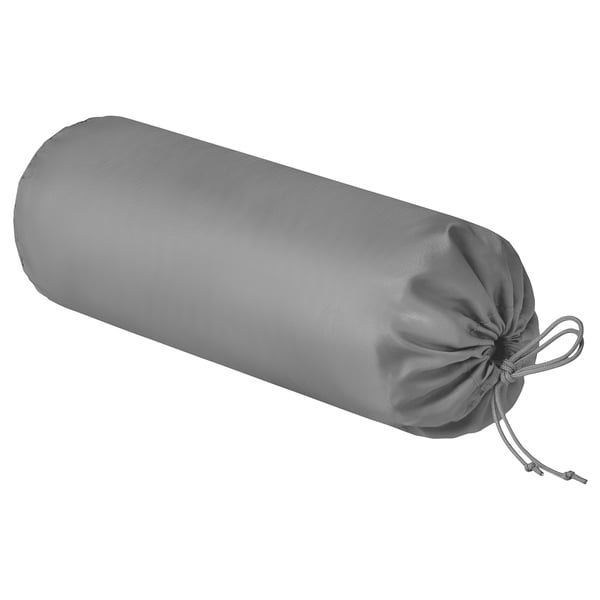 Grey cylindrical pillow, rolled and tied at the end.