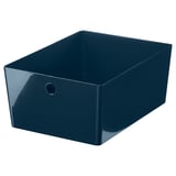 KUGGIS container, dark blue, rectangular, glossy plastic, stackable design, holds items like papers or gadgets.