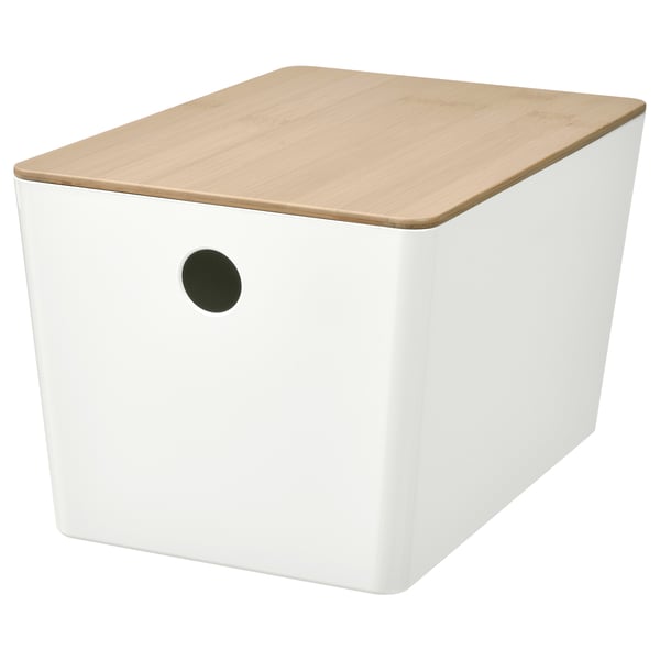 KUGGIS box, white with light wood lid, round handle, suitable for storage, stackable, eco-friendly materials.