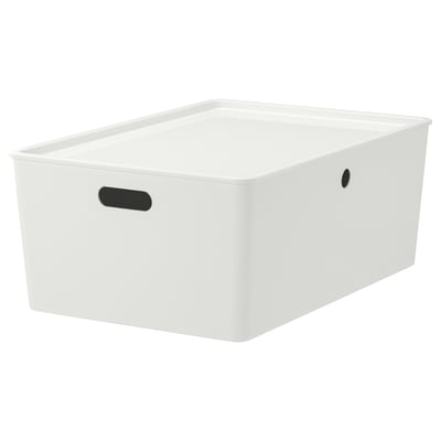KUGGIS white storage box with black handles, rectangular, durable pet plastic, perfect for organizing items.