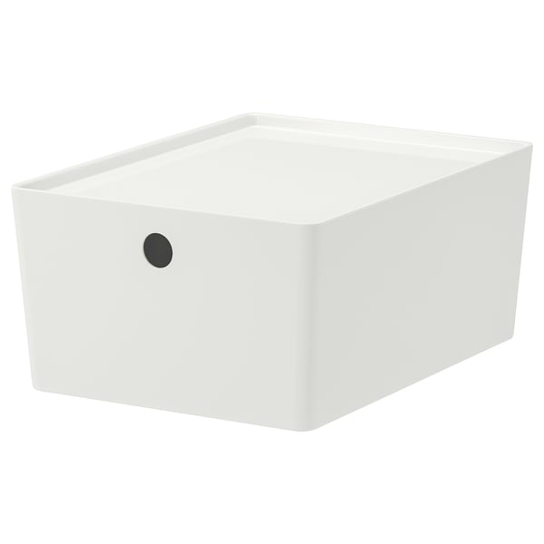 White KUGGIS storage box with black dot detail, rectangular shape, sturdy plastic.