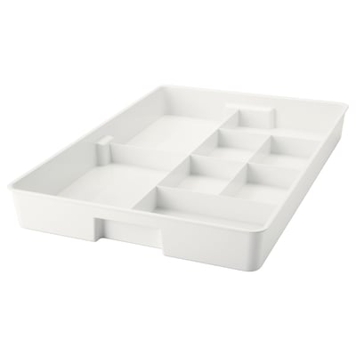 A white KUGGIS organiser tray, designed with multiple compartments for storage, made of recycled pet plastic.