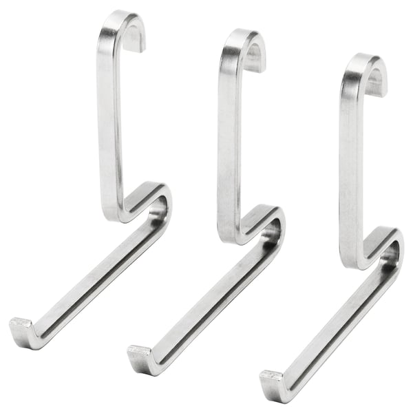 Four silver stainless-steel KUNGSFORS hooks, two vertical and two horizontal, designed for kitchen utensils, with sleek and modern design.