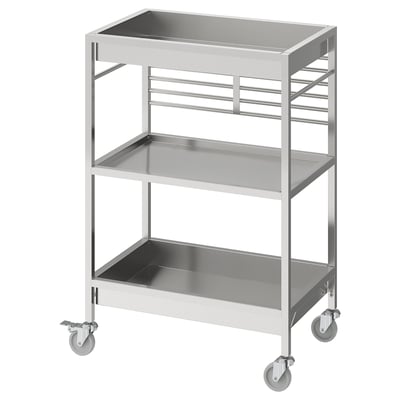 KUNGSFORS stainless steel kitchen trolley with three shelves and castor wheels.
