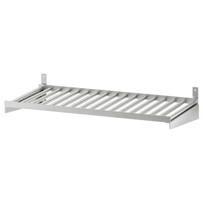 A KUNGSFORS stainless steel wall shelf with slatted surface, ideal for kitchen storage.