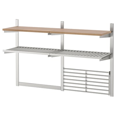 KUNGSFORS wall storage: 3 shelves, stainless steel & wood, rectangular, modern design.