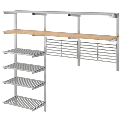 KUNGSFORS silver steel & bamboo kitchen shelves, modular storage solution.