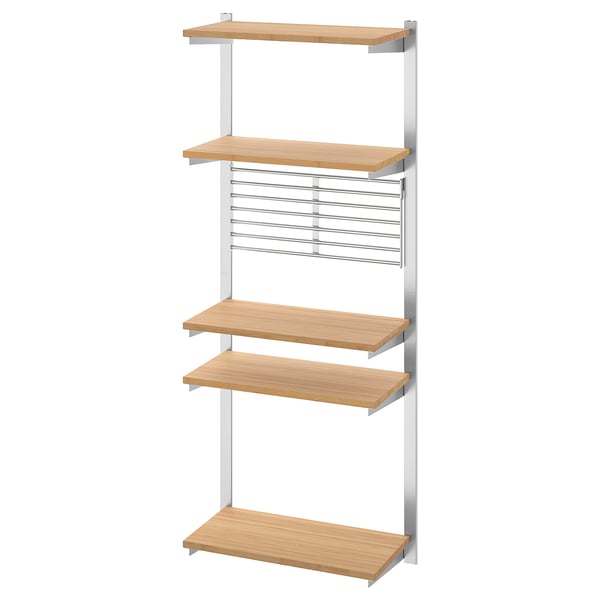 KUNGSFORS wall storage, bamboo shelves, stainless steel brackets.