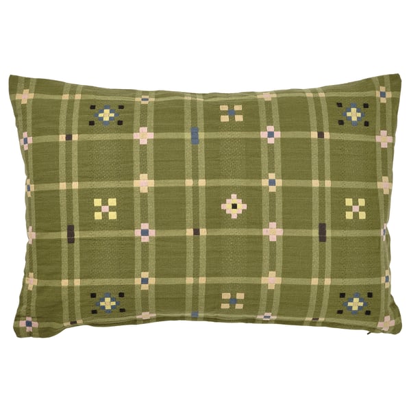 KUSTGRAN olive-green cushion, grid pattern, rectangular, handwoven cotton.