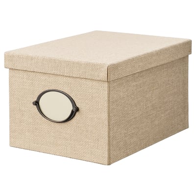 KVARNVIK storage box, beige, rectangular with woven paper, metal handle, elegant design.