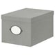 KVARNVIK grey storage box with handle and lid. Made of recycled paperboard and steel, rectangular shape with woven texture.