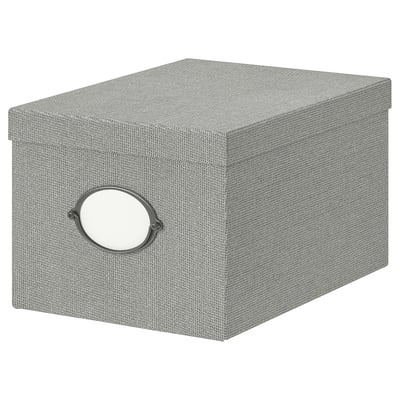 KVARNVIK grey storage box with handle and lid. Made of recycled paperboard and steel, rectangular shape with woven texture.