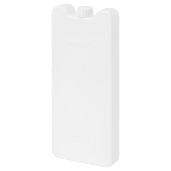 A white rectangular KYLKLAMP ice pack made of pet plastic, aluminium, and polyethylene, designed for cooling food items.